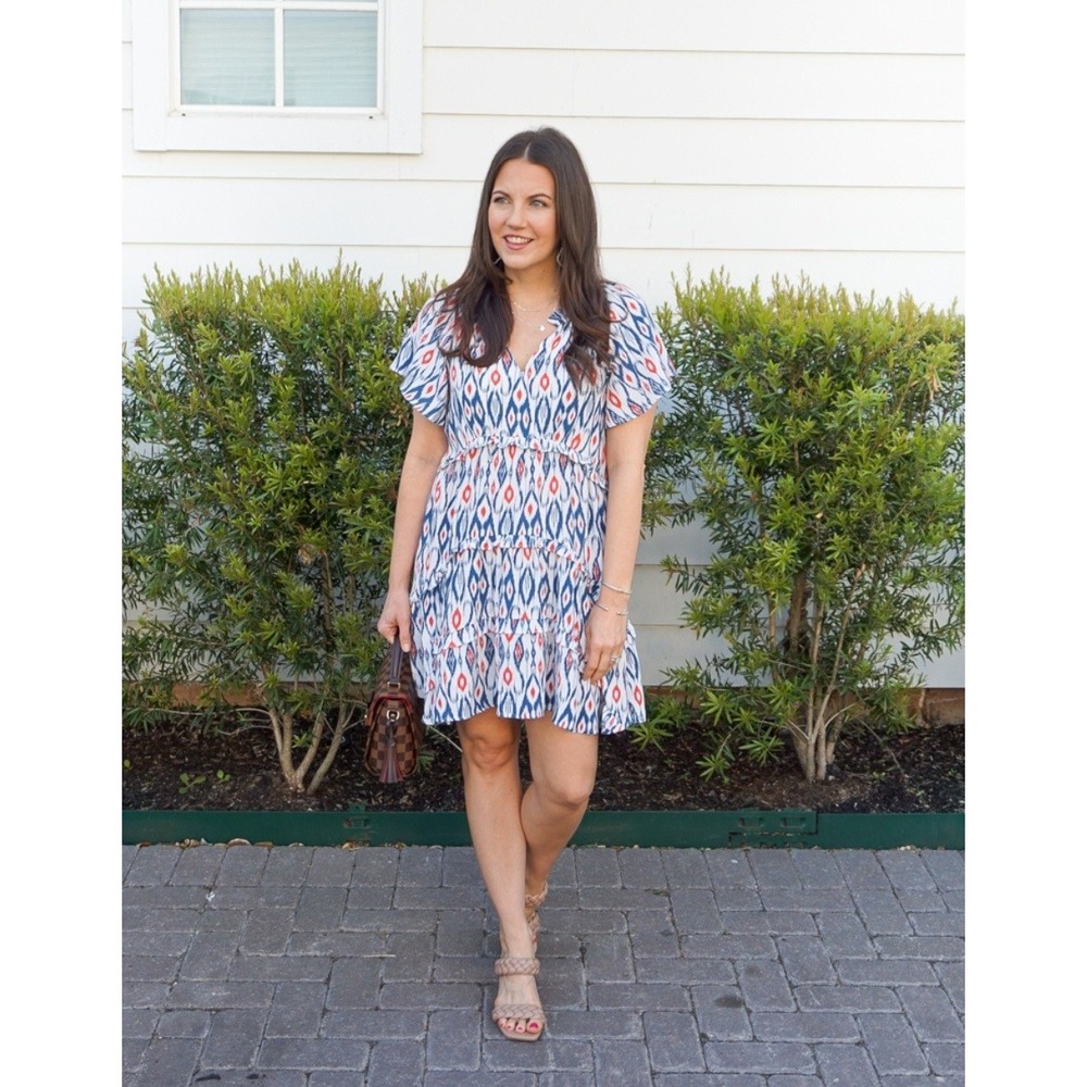 Anthropologie Womens Robin Tiered Geometric Print Ruffle Mini Dress Size Medium